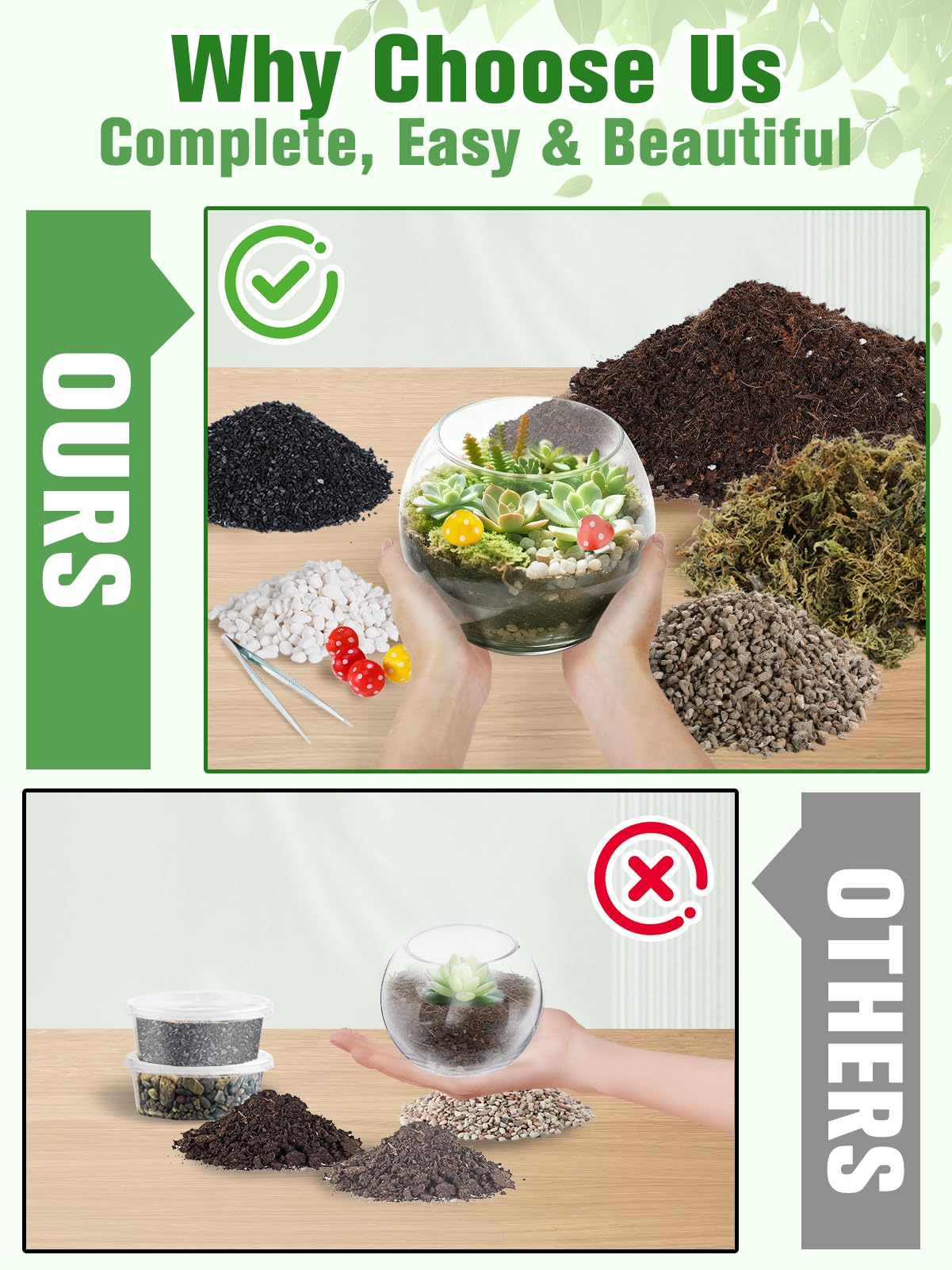 Terrarium Kit Adults - Includes Pumice, Moss, Soil, Pebbles, Charcoal, 2 Tools, Mushroom Ornaments for Succulent Cactus, Terrarium Accessories Decor Gifts for Starter Women