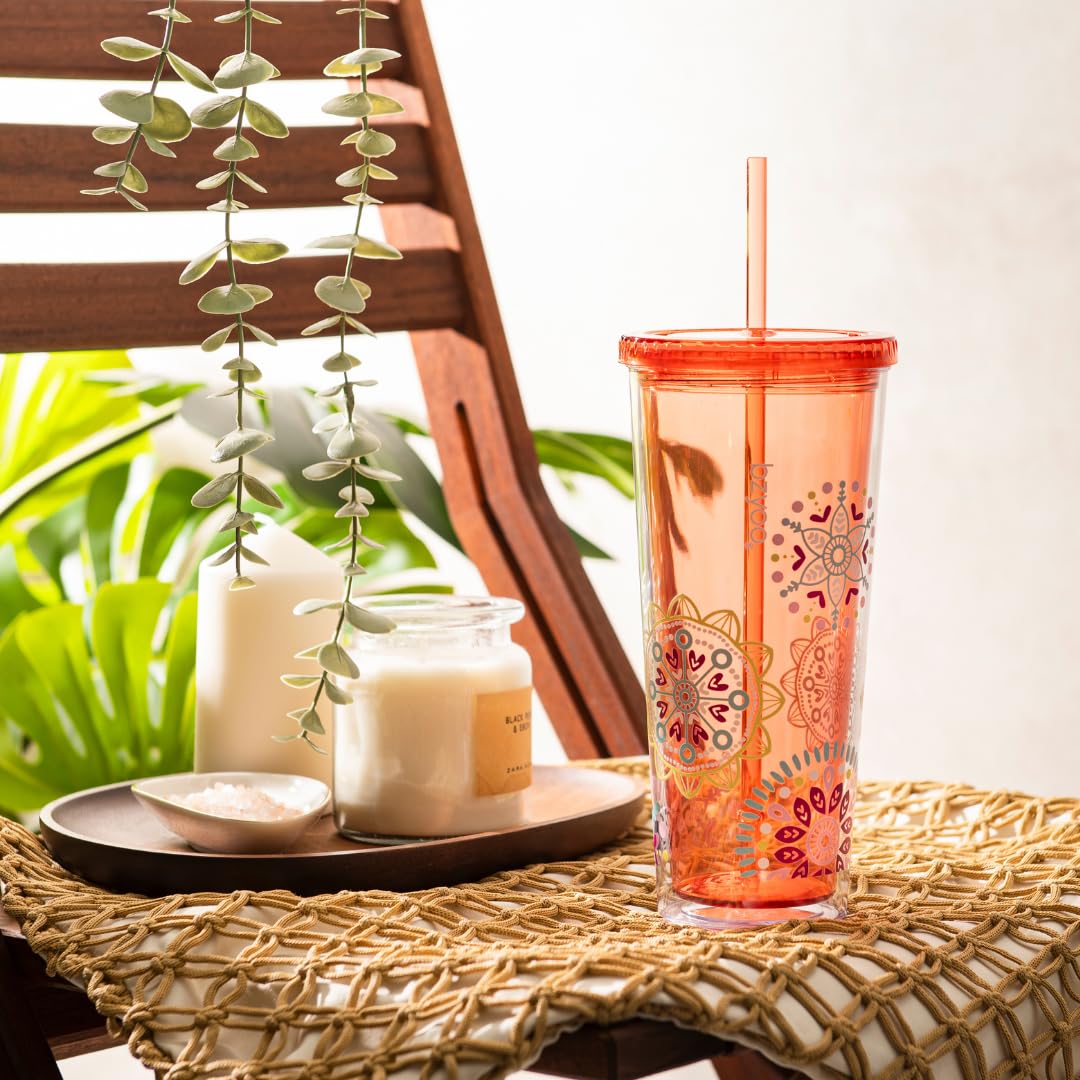 bzyoo SIP 24oz (710ml) Double Wall Plastic Tumbler with Lid and Straw Cold Drink Travel Mug Reusable Party Cup Perfect for Ice Coffee, Tea Office Poolside Parties Gifts Color: Medallion Orange