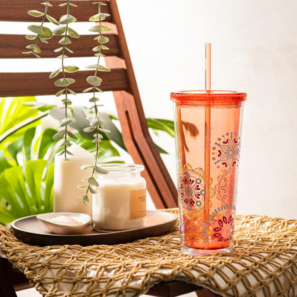 bzyoo SIP 24oz (710ml) Double Wall Plastic Tumbler with Lid and Straw Cold Drink Travel Mug Reusable Party Cup Perfect for Ice Coffee, Tea Office Poolside Parties Gifts Color: Medallion Orange