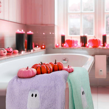 Remagr 3 Pcs Pastel Ghost Halloween Hand Towels Embroidered Pink Green Purple Ghost Halloween Spooky Cotton Hand Bath Towels for Bathroom Kitchen Decor Gift, 29.5" x 13.8"