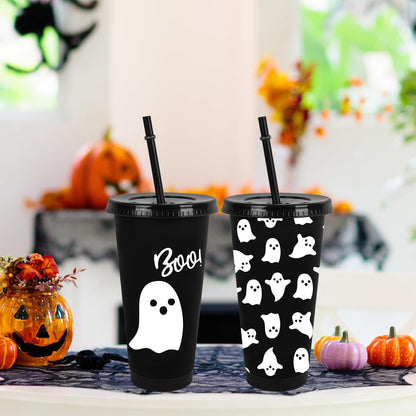 JarThenaAMCS 12 Pcs Halloween Ghost Party Cups with Lids Straws Cute Ghost Boo Plastic Tumblers Black White Reusable Water Bottle for Hot Cold Drinks Birthday Party Baby Shower Table Decor, 24 Oz