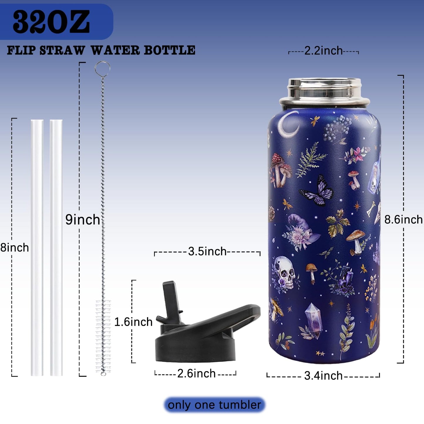 Insulated Goth Water Bottle 32 oz, Goth Gifts for Women, Halloween Gothic Water Bottle with Straw and Lid, Reusable Leakproof Tumbler Stainless Steel