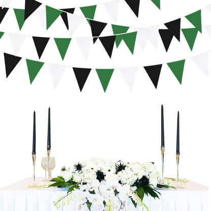 32Ft Green White Black Party Decorations Green Black Fabric Triangle Banner Flag Pennant Bunting Garland Streamers for Graduation Gaming Birthday Soccer Halloween Wedding Outdoor Garden Decorations
