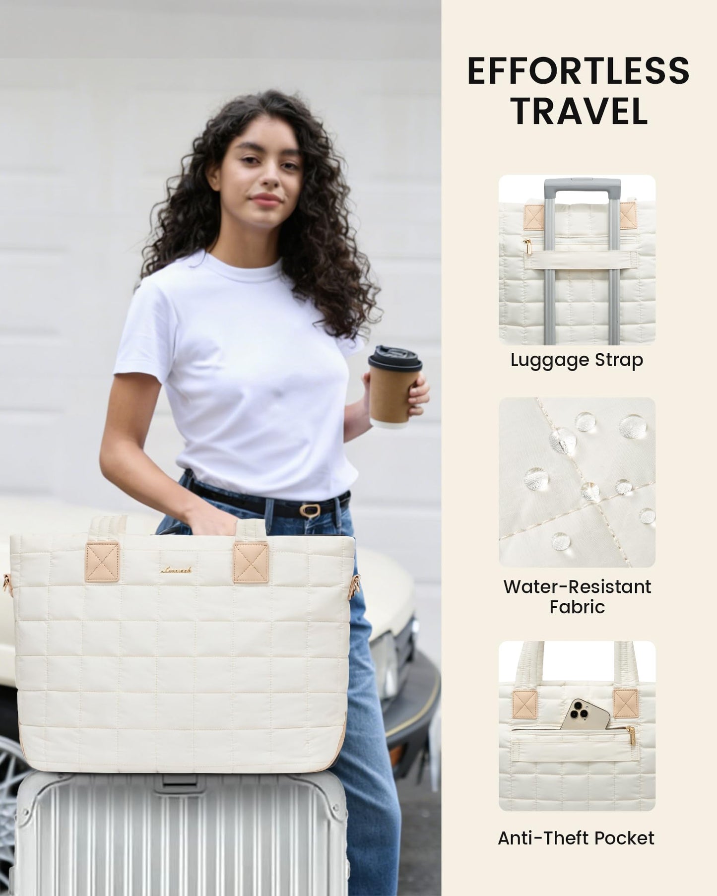 LOVEVOOK Laptop Tote Bag for Women, 15.6 Inch Large Puffer Work Computer Tote Bags for Teacher Nurse, Quilted Women's Purse Tote Shoulder Handbags with Zipper for Travel College Office Gym, Beige