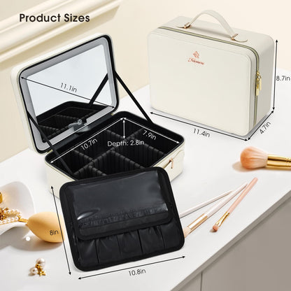 Faquenc Leather Makeup Case with LED Lighted Mirror 11.4 Inch Travel Makeup Bag Adjustable Brightness in 3 Colors Cosmetic Organizer Artist Storage Bag with Dividers Brush Holder Bag Vanity White