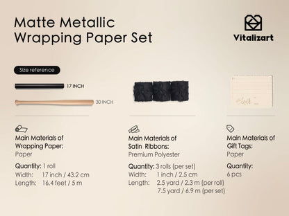 Vitalizart Black Matte Metallic Wrapping Paper Set 17" With Silk Satin Ribbon & Gift Tags Christmas Gift Wrapping Birthday Baby Shower Wedding Bouquets Handmade Crafts 197"(16.4 Ft) Black Ribbon