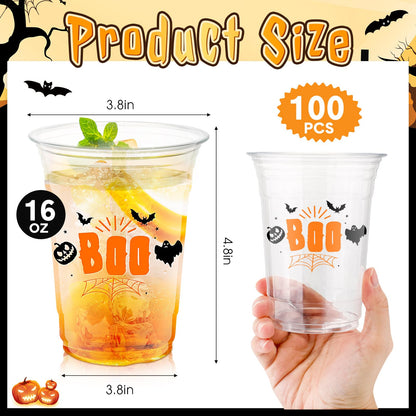 Tiangrid 100 Pcs Halloween Plastic Cups Bulk 16 oz Disposable Halloween Boo Party Cups Spooky Clear Plastic Glasses for Trick or Treat Scary Party Supplies Cold Drinks