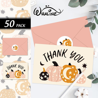 Whaline 50 Pack Fall Thank You Cards Pink Orange Pumpkin Greeting Cards with Envelopes Stickers Blank Note Card for Autumn Thanksgiving Halloween Wedding Baby Shower Birthday, 4 x 6 Inch
