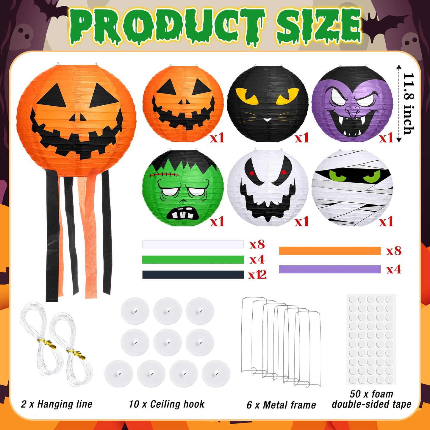 VIHOSE 6 Pcs Halloween Hanging Decorations Paper Lanterns, Jack-o-Bat Lanterns with Tassels Halloween Lantern Decorative for Indoor Outdoor Party Trick-or-Treat Event Supplies