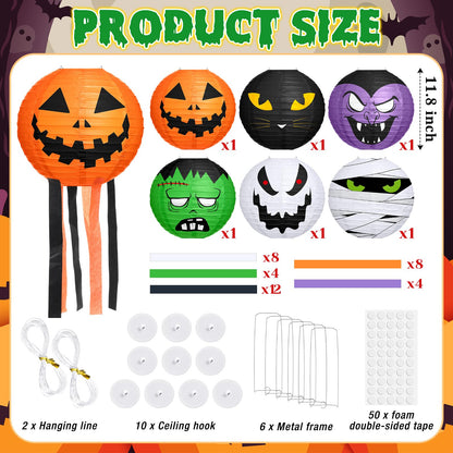 VIHOSE 6 Pcs Halloween Hanging Decorations Paper Lanterns, Jack-o-Bat Lanterns with Tassels Halloween Lantern Decorative for Indoor Outdoor Party Trick-or-Treat Event Supplies