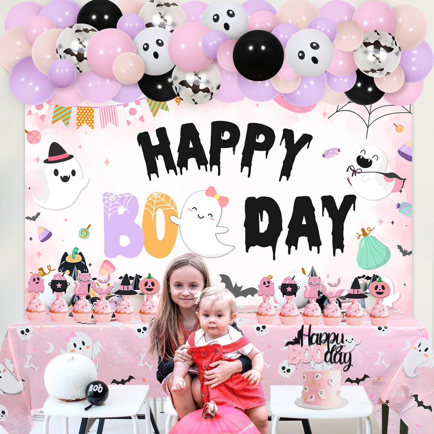 Balterever Happy Boo Day Party Decorations for Girl Pink Black Halloween Birthday Balloon Garland Kit with Happy Boo Day Backdrop Cake Cupcake Toppers Pink Halloween Tablecloth for Girl Bday Party