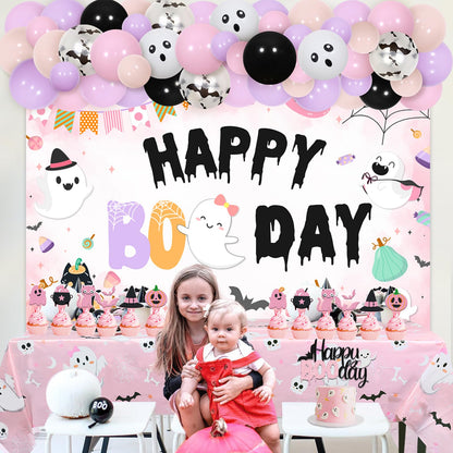 Balterever Happy Boo Day Party Decorations for Girl Pink Black Halloween Birthday Balloon Garland Kit with Happy Boo Day Backdrop Cake Cupcake Toppers Pink Halloween Tablecloth for Girl Bday Party