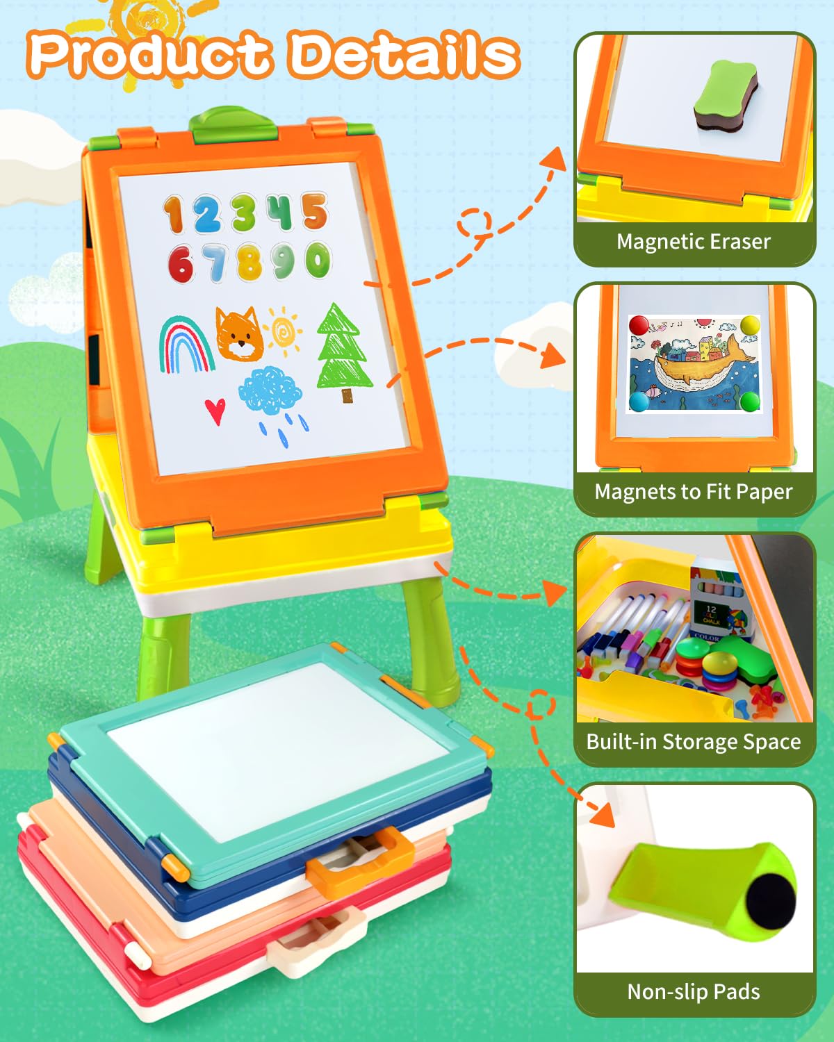Elovien Easel for Kids, 4 in 1 Double Sided Toddler Art Easel with Chalkboard & Magnetic Whiteboard, Foldable Tabletop Easel with Drawing & Writing Accessories - Educational Gift for Boy Girl (Orange)