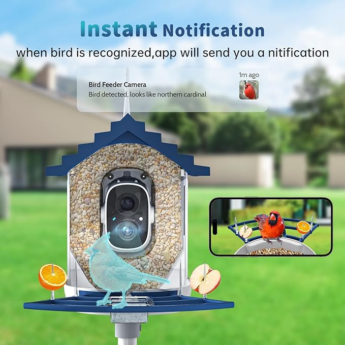 Smart Bird Feeder with Camera Solar Powered & AI Bi rd Identification, 2.4Ghz WiFi Bird feeders for Outdoors, 2K Live Video, Instant Arrival Alerts - Gifts for Women