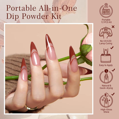 AZUREBEAUTY Dip Powder Nail Kit Starter, Fall 4 Colors Skin Nude Brown Glitter, Acrylic Dipping Powder Liquid Set with Base/Top Coat Activator for Daily French Nail Art Manicure DIY Gift 12 Pcs