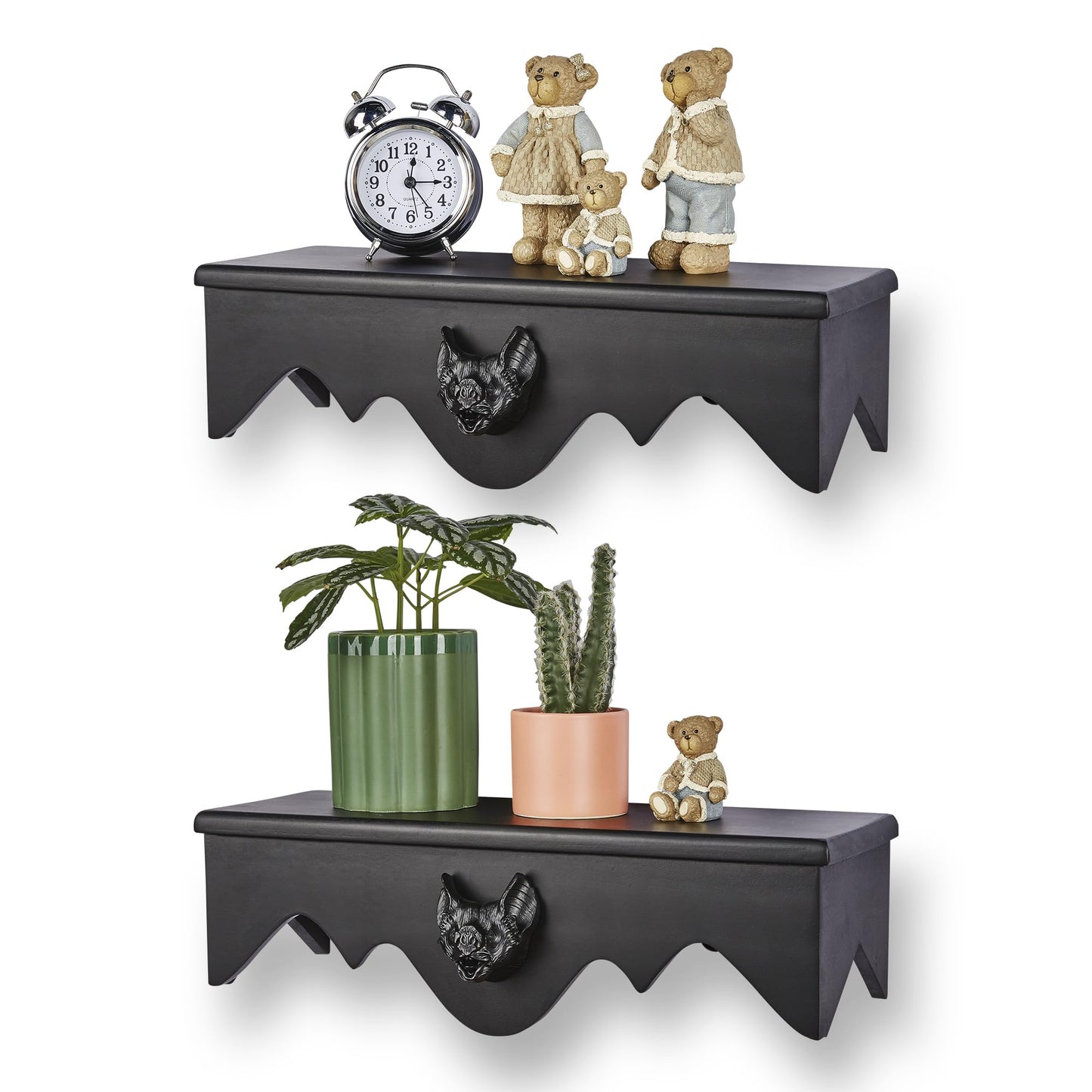 Gothvanity Gothic Bat Floating Shelves 2 Pack - Black Spooky Dark Aesthetic Wall Mounted Storage, Wooden Home Decor for Bedroom Kitchen Bathroom Office