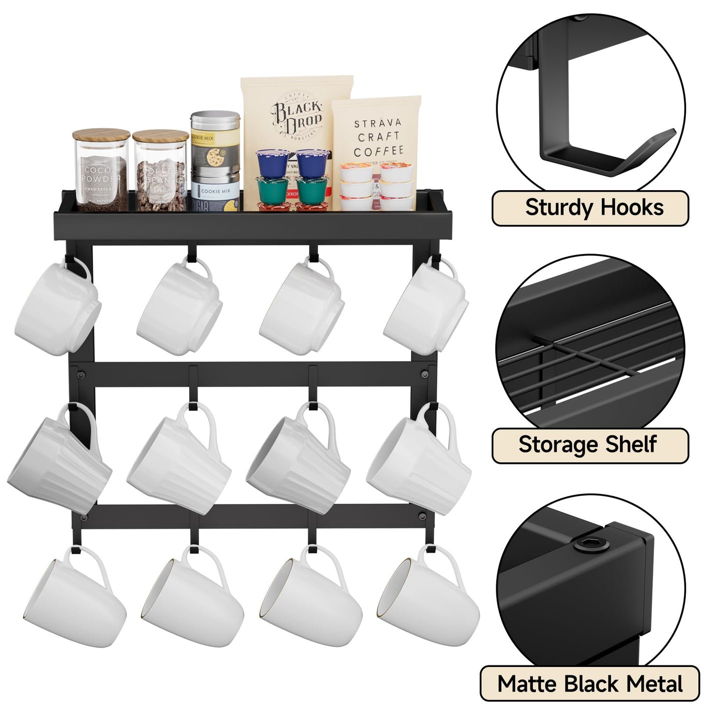 SZUGCOTD Coffee Mug Rack Wall Mounted, Rustic Metal Mug Holder Organizer with 12 Hooks and Top Shelf Cup Storage Rack for Home Kitchen Coffee Bar Station Mug Display and Collection