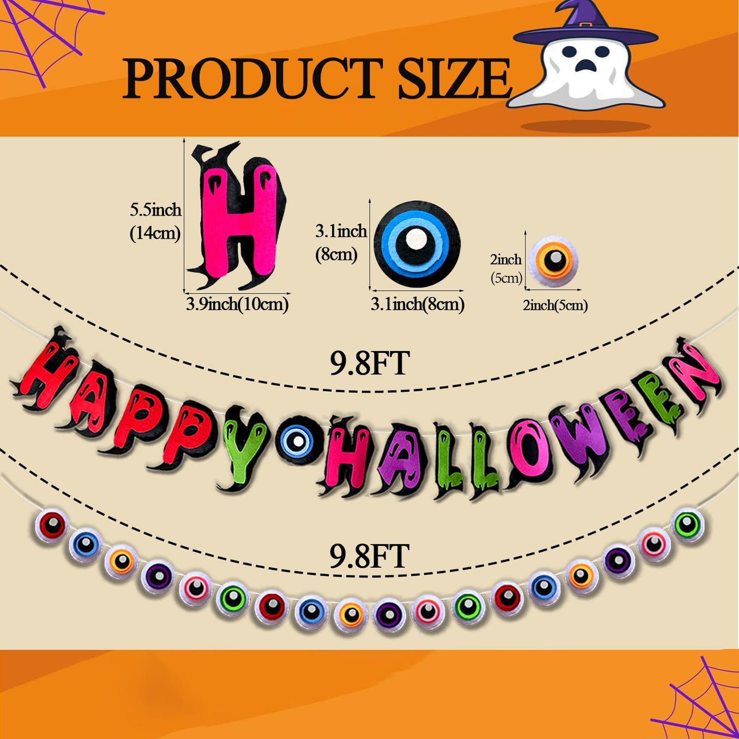 Pre-Strung Happy Halloween Banner, 9.8FT Felt Garland with 3D Eyeballs for Halloween Decorations, 2Pcs Indoor Banner for Mantle Indoor Fireplace Window Wall Home Party Decor