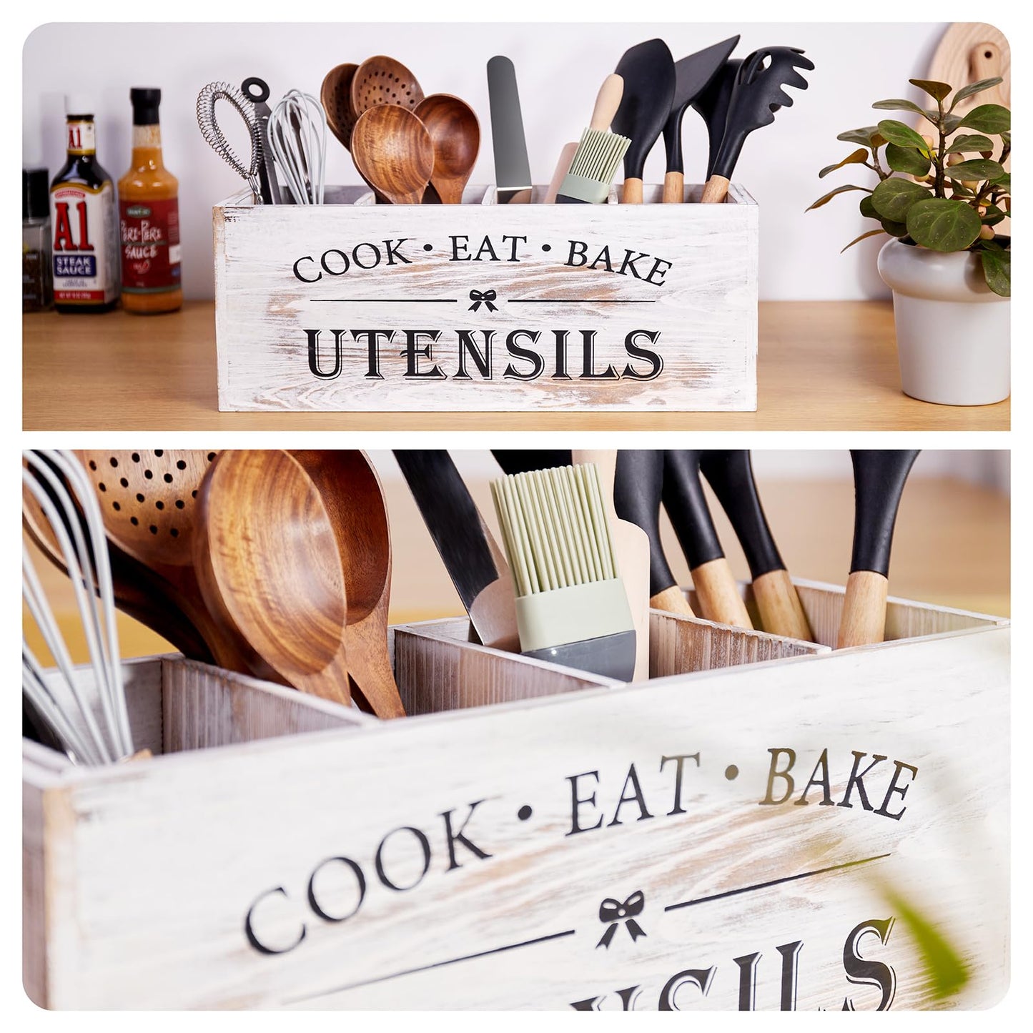 WDT Tool Utensil holder for Kitchen Counter Large Round Utensils Holder with Wooden Base Matte Black Cooking Utensil Holder，Kitchen countertop Utensil Organize (White-4 Compartments)
