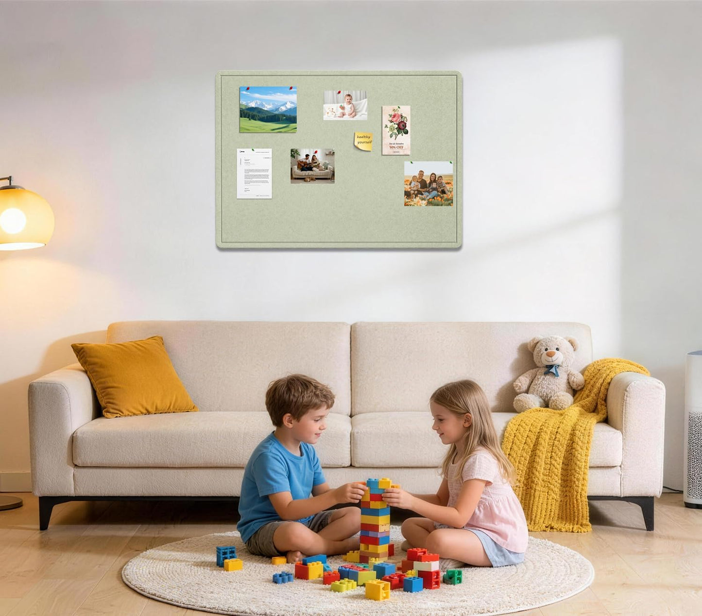 Bulletin Board, 36 X 24 inches Cork Board with 20 Pushpin, Felt Cork Board Notice Pin Board, Self-Adhesive Vision Board Mood Board Foldable Photo Board for Wall - Sage Green