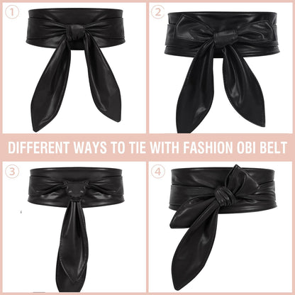 ChinEluviis Womens Obi Belt Fashion Corset Wide Leather Knotted Cinch Tie Wide Belt for Evening Dress Black M