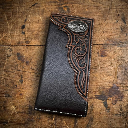 Western Stakes Men's Long Leather Wallet – Western Tooled Bifold Checkbook Organizer with Cowboy Concho (Cowboy Praying, Brown)