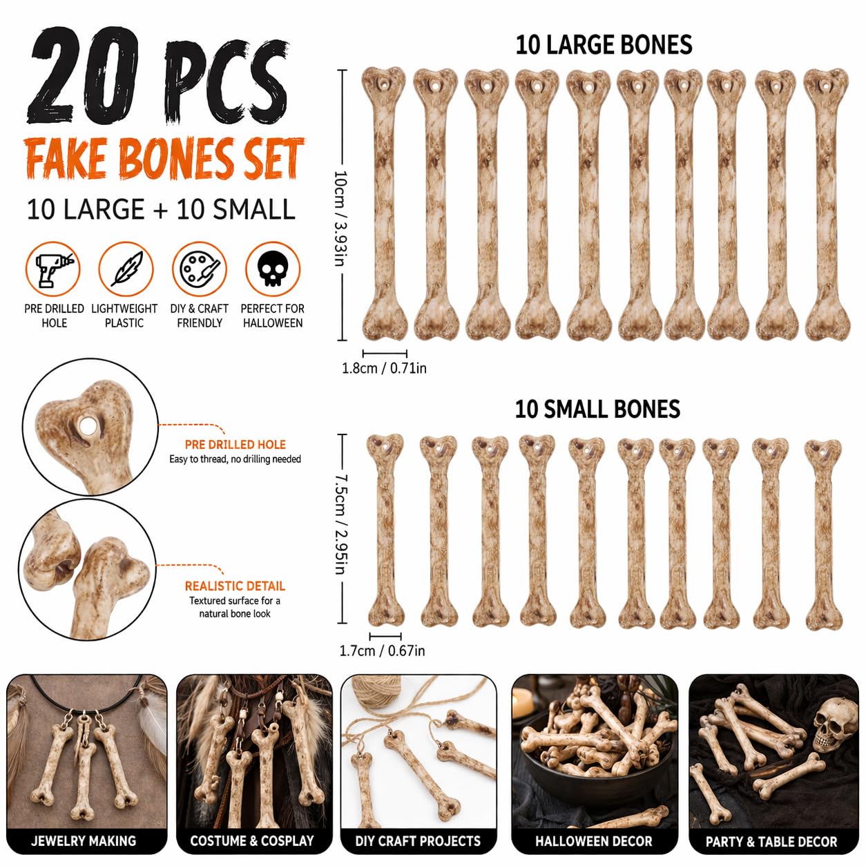 Homoyoyo Fake Bones: 20pcs Skeleton Simulation Bones Plastic Mini Skeleton Charms with Holes for Stringing DIY Crafts Halloween Decoration Small Scene Props Multi-Functional Fake, Two Size 3.93/2.95In