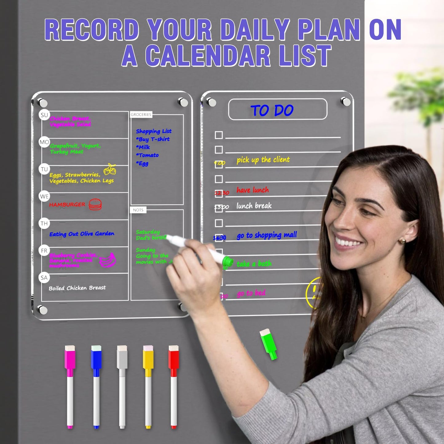 Magnetic Acrylic Weekly Planner and to Do List Set for Fridge – 8"×12" Clear Dry Erase Boards with 6 Markers, Reusable Fridge Whiteboard for Meal Planning, Chores, Office & Family Tasks