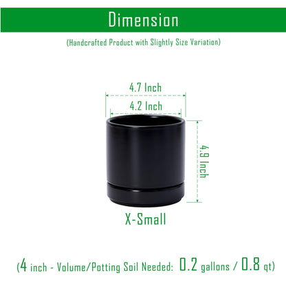 D'vine Dev Set of 4 Small Ceramic Plant Pots, 4.7 Inch Succulent Planter Pot for Plants with Drainage Hole and Saucer, Black, 94-X-B-2
