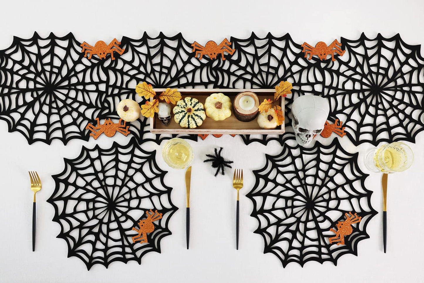 Feuille Round Halloween Placemats Set of 4 13.5 Inch Black Spider Web Placemats with Orange Glitter Felt Spider Placemats Perfect for Halloween Decorations Indoor