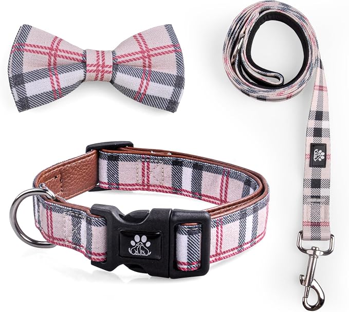 IVY&LANE Dog Collar with Bowtie and Leash Set | Plaid Adjustable Dog Collar | Detachable Bow Tie |5 FT Dog Leash | for Small Medium Large Dogs | Checkered Beige | X-Small