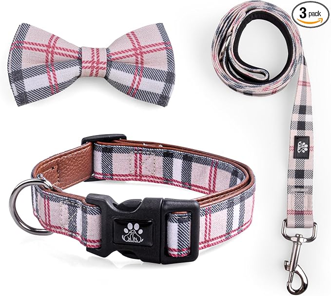 IVY&LANE Dog Collar with Bowtie and Leash Set | Plaid Adjustable Dog Collar | Detachable Bow Tie |5 FT Dog Leash | for Small Medium Large Dogs | Checkered Beige | Medium