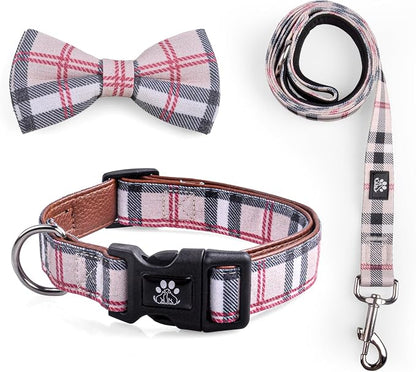 IVY&LANE Dog Collar with Bowtie and Leash Set | Plaid Adjustable Dog Collar | Detachable Bow Tie |5 FT Dog Leash | for Small Medium Large Dogs | Checkered Beige | Large
