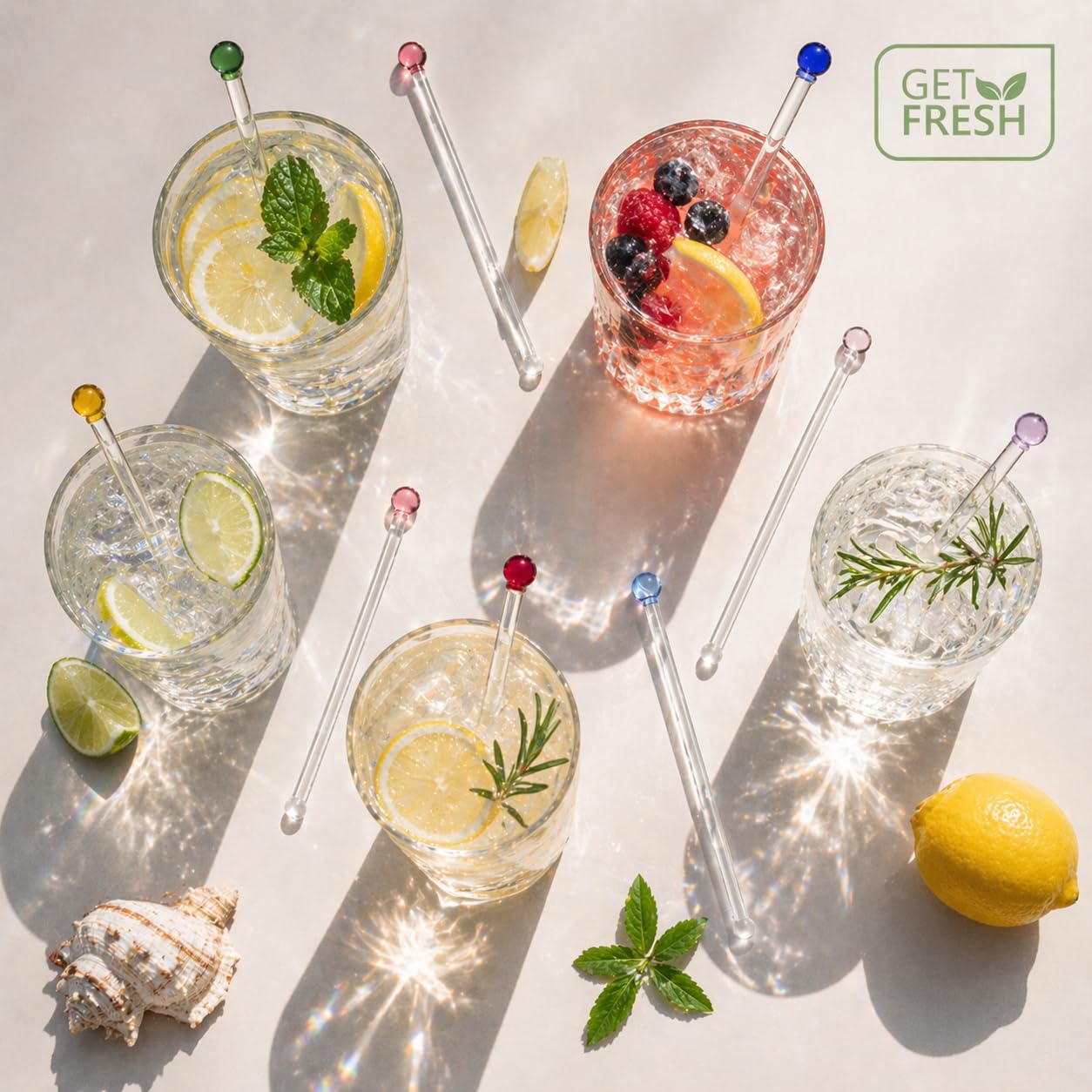 GET FRESH Glass Cocktail Stirrers Set – 8pcs Reusable Long Coloured Borosilicate Glass Swizzle Sticks for Cocktails and Drinks