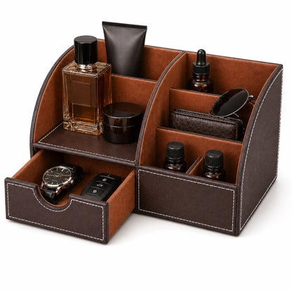 KINGFOM Cologne Organizer for Men, PU Leather Dresser Organizer with Drawer, Countertop Cologne Holder for Watch, Wallet, Keys, Sunglasses, Bathroom Bedroom Nightstand Organizer, Gifts for Men Brown