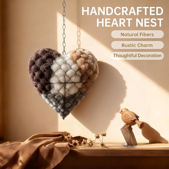 Handmade Alpaca Fiber Bird Nesting Heart with 4 Refill Bags, Reusable Nesting Material Accessory for Wild Birds, Outdoor Garden Decoration, Gift for Bird & Nature Lovers (2 Sets)
