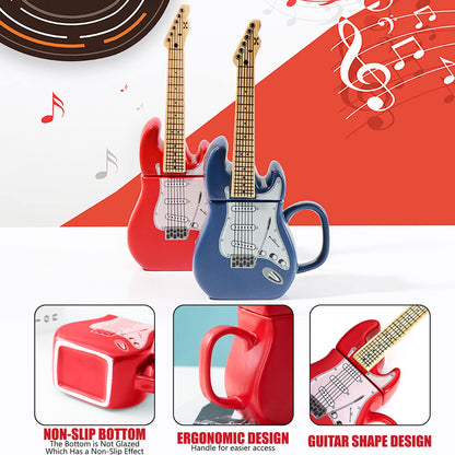 LUCYLANKER Electric Guitar Shaped Ceramic Mug, Novelty Music Themed Coffee Cup, Creative Drinkware for Tea, Funny Birthday, Halloween, Christmas Gift for Musicians & Rock Lovers, 15 oz (Red)