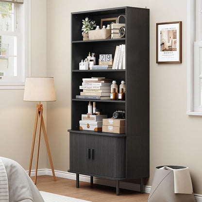 ONBRILL 71" Tall Bookshelf, 4-Tier Bookcase with Storage Cabinet & Adjustable Shelves, Floor Standing Wooden Bookshelf with Sliding Door and Adjustable Footpad, for Home Office, Living Room, Black