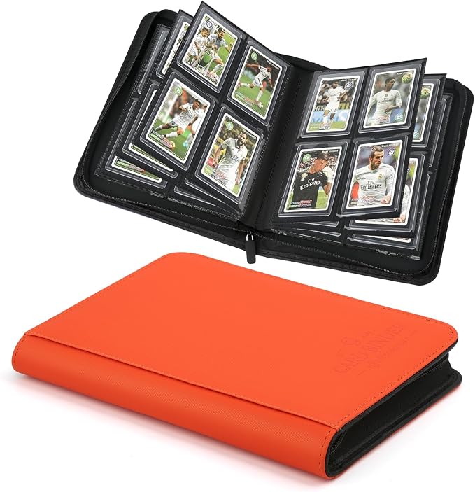 Toploader Binder, 4 Pocket Trading Card Binder Holds 128 Top Loaders, Premium Zipper Card Storage Case with Double-Sided Pockets for 3x4'' Toploaders, TCG, MTG, Sports Cards.(Hermes Orange)