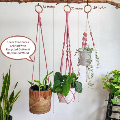 Set of 3 Macrame plant hangers with Daisies & Beads Hanging plant holder Macrame Plant hangers outdoor and indoor hanging planters Plant stand indoor Boho Decor hanging planter stand (Champagne Pink)