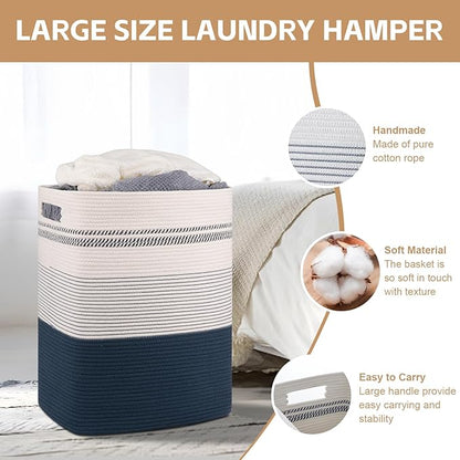 80L Large Cotton Rope Laundry Basket for Bedroom & Laundry Room, Tall Clothes Hamper with Sturdy Handles, Neutral Storage Bin Capable of Holding Blankets and Toys