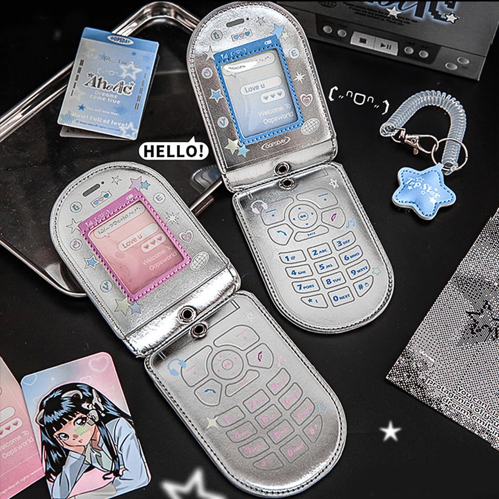 2Pcs Star Cute Kpop Photocard Holder Keychain Mobile Phone Shape Pu Leather Photo Card Holder Keychain Pink Blue Kawaii Flip Phone Shape Pc Holder Kpop Korean Star Pendant School Stationery Gifts