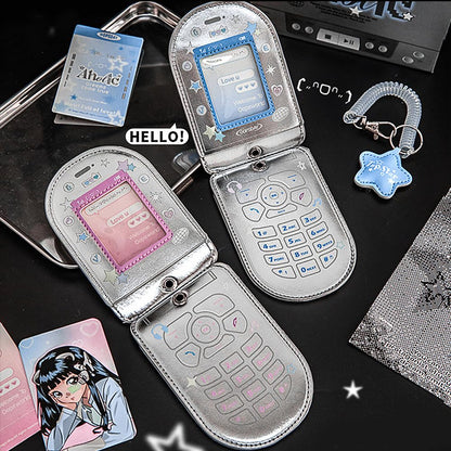 2Pcs Star Cute Kpop Photocard Holder Keychain Mobile Phone Shape Pu Leather Photo Card Holder Keychain Pink Blue Kawaii Flip Phone Shape Pc Holder Kpop Korean Star Pendant School Stationery Gifts