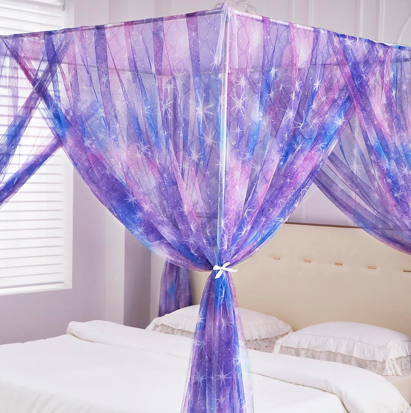 Mengersi Tie Dye Canopy Bed Curtains with Lights,Gradient Ombre Bed Canopy for Girls,Canopy for Bed Princess Bed Drapes for Girls Room Decor(Twin,Purple)