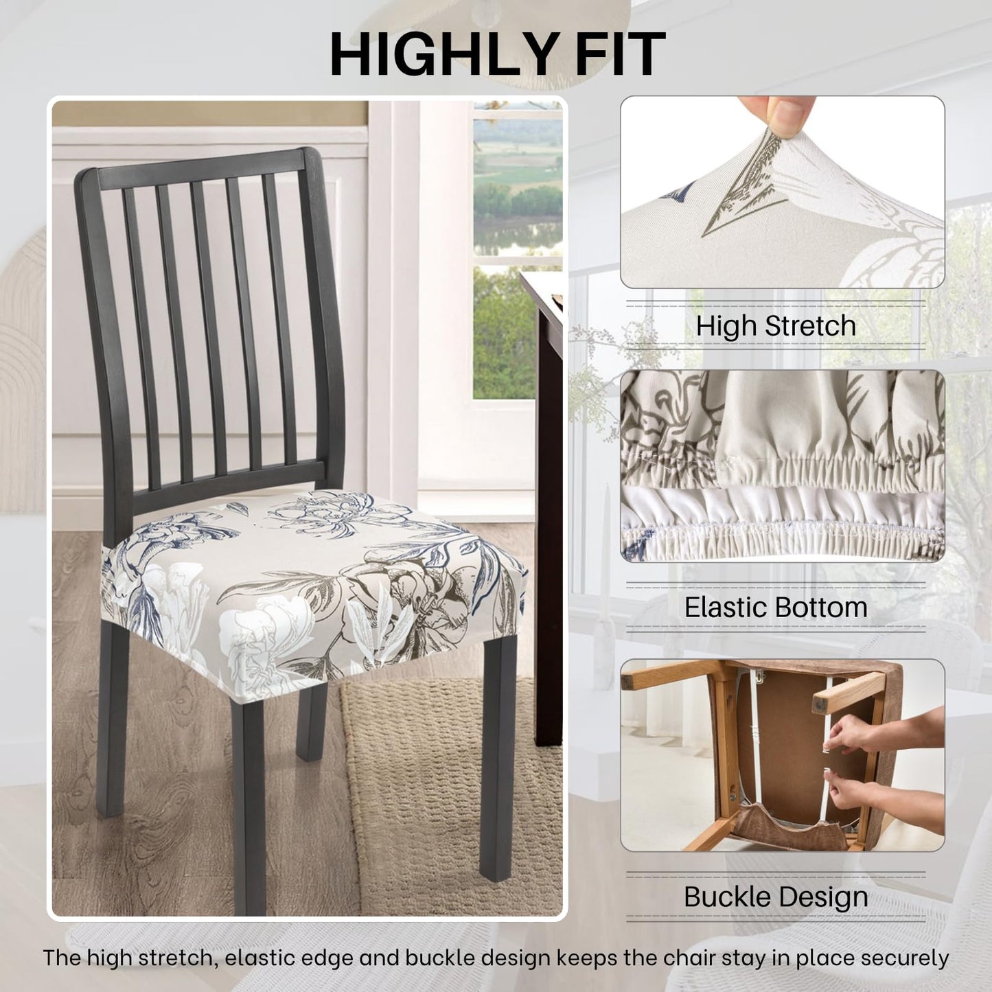 SearchI Waterproof Dining Chair Seat Covers Set of 4, Washable Stretch Seat Covers for Dining Chairs, Dining Room Seat Cover Protector (Rear-Covered, Brown and Blue Flower)