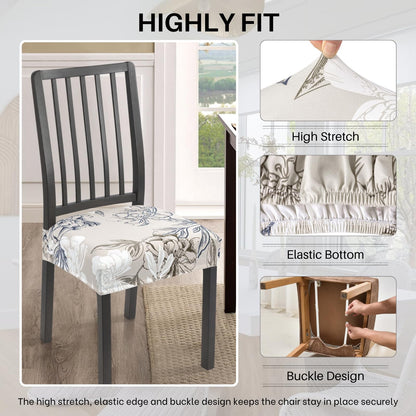 SearchI Waterproof Dining Chair Seat Covers Set of 4, Washable Stretch Seat Covers for Dining Chairs, Dining Room Seat Cover Protector (Rear-Covered, Brown and Blue Flower)
