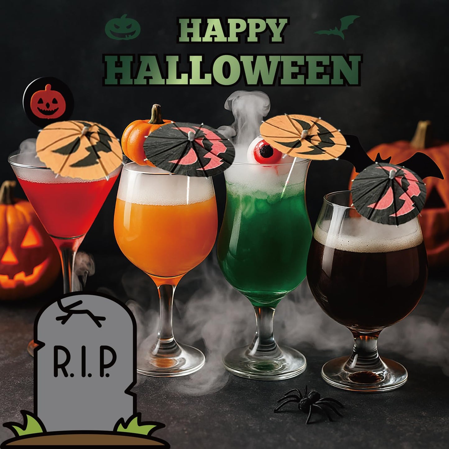 140 Pcs Halloween Pumpkin Cocktail Umbrella Picks - Spooky Fun Drink Stirrers, Fruit Cupcake Toppers for Festive Parties & Decorations (Red-Black)