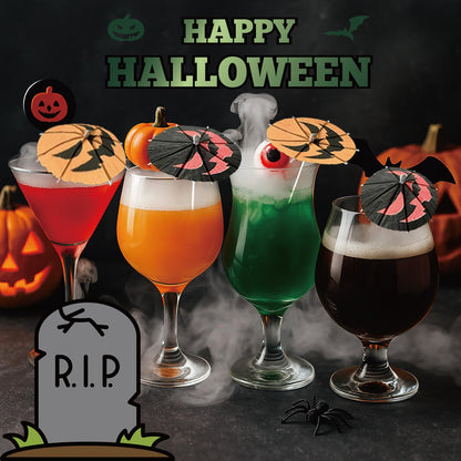 140 Pcs Halloween Pumpkin Cocktail Umbrella Picks - Spooky Fun Drink Stirrers, Fruit Cupcake Toppers for Festive Parties & Decorations (Red-Black)