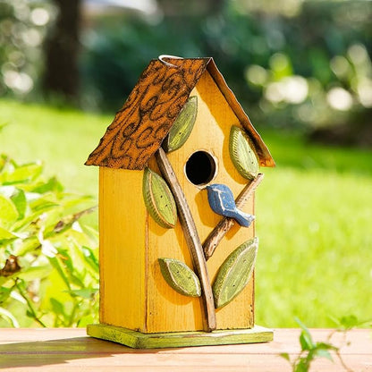 Glitzhome Bird Houses for Outside, 9.7" H Rustic Hanging Birdhouse Decorative Pet Cottage Distressed Wooden Birdhouse with 3D Tree Bluebird House for Outdoor Patio Garden, Yellow