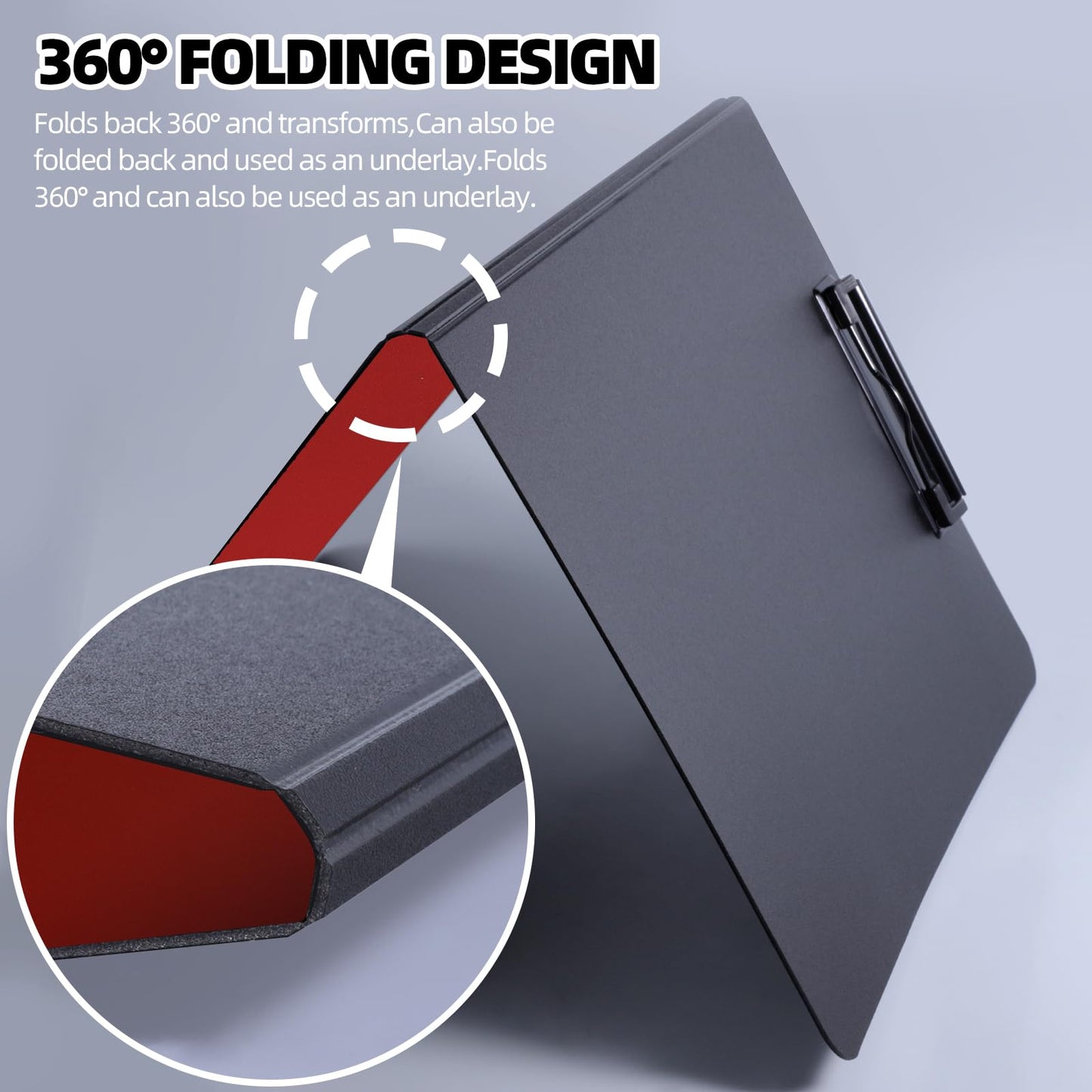 FRETONBA Clipboard Folder, 2 Pcs A4 Foldable Clipboard with Horizontal and Vertical Double Metal Clips, 360 Degree Foldable Binder Clipboards with Pen Holder, File Cover Work Folder Clipboards, Red